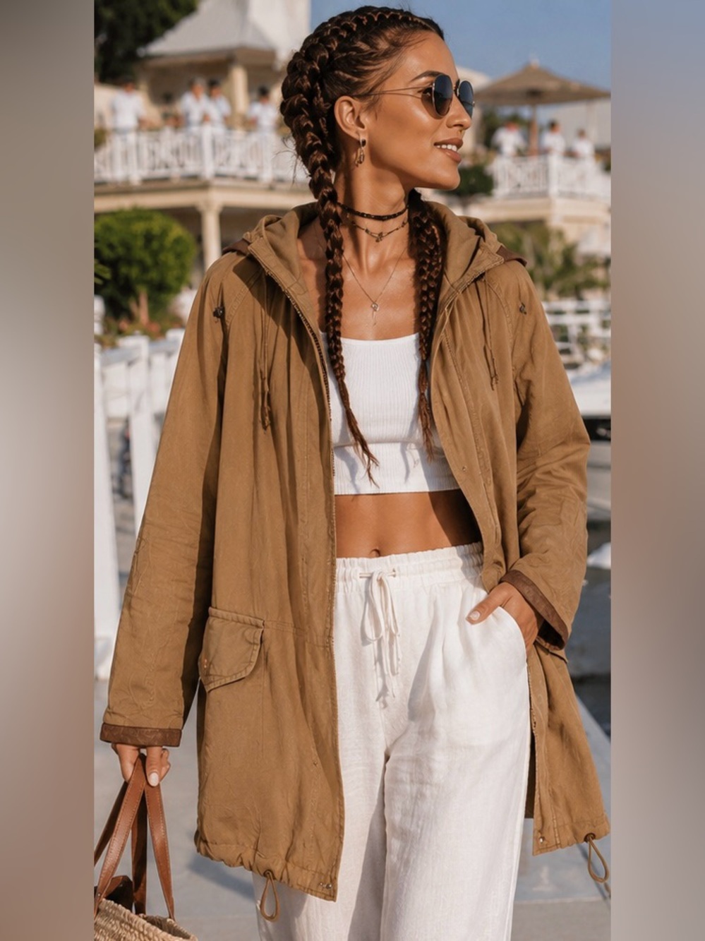 Zara Premium Collection Tan Utility Military Jacket Cotton Hooded Boho Shacket S